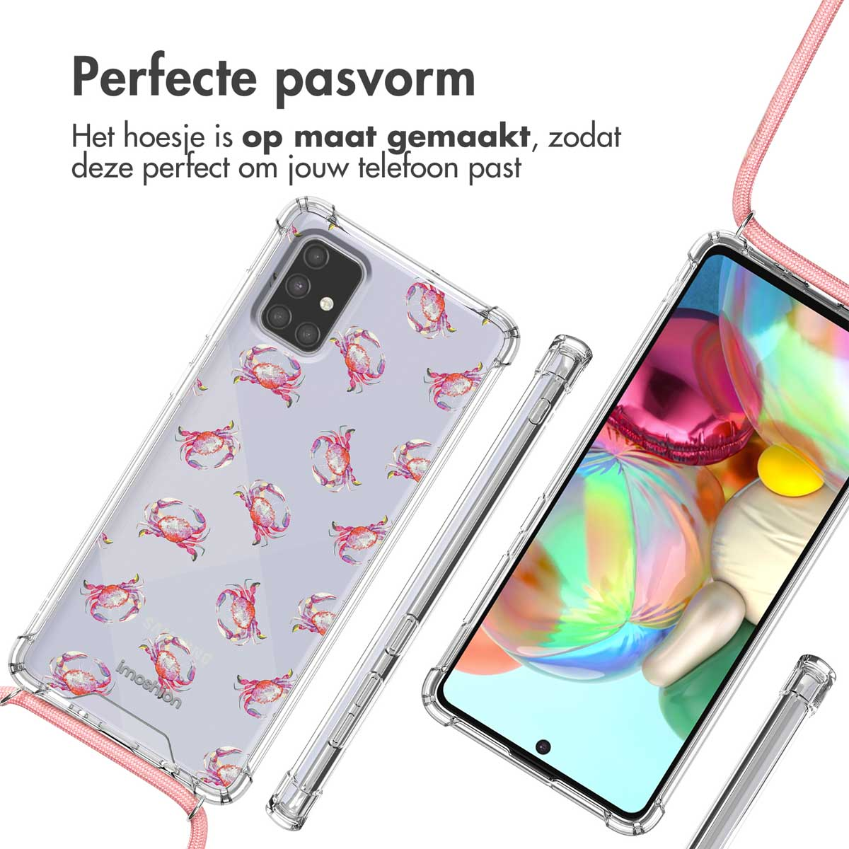 Coque de téléphone transparente avec motif crabe. Texte: 'Perfecte pasvorm' (Ajustement parfait) et un cordon rose.