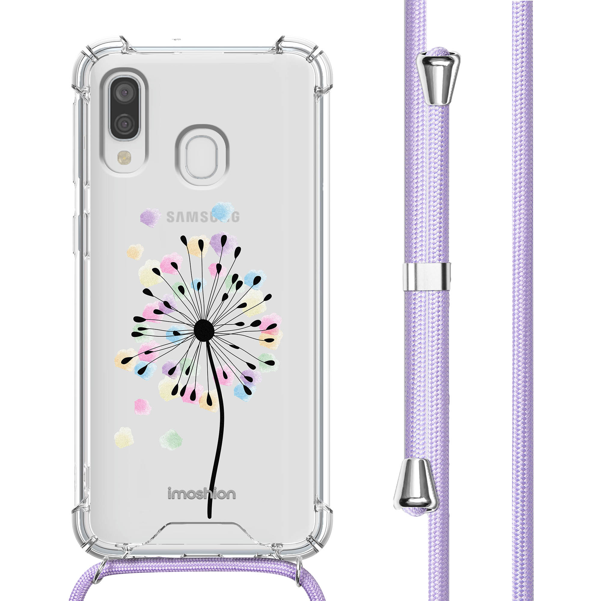 Clear phone case with a dandelion design and a purple lanyard.