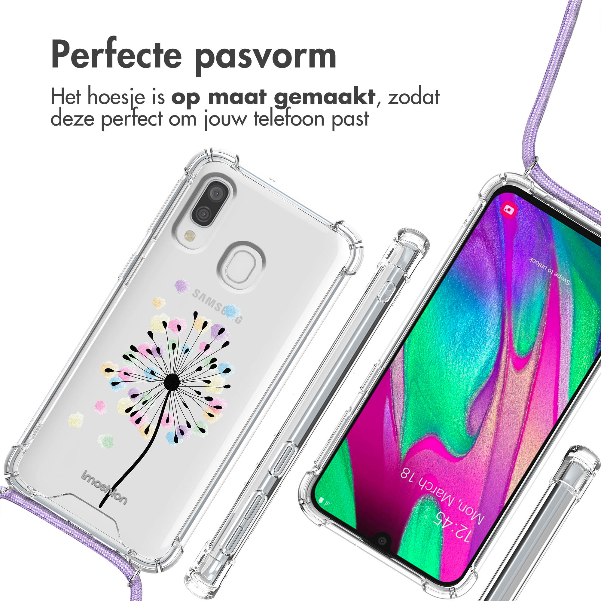Clear phone case with dandelion design. Text: 'Perfecte pasvorm' (Perfect fit) and a purple cord.