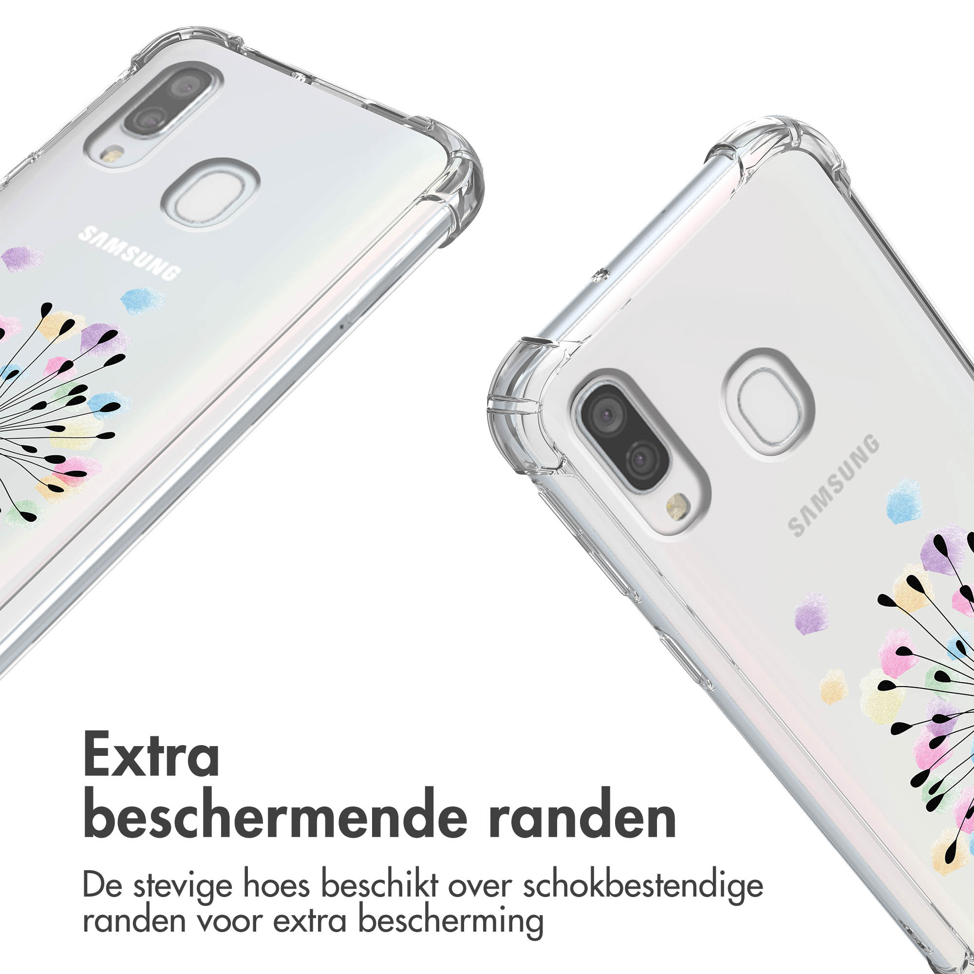 Two clear phone cases, one with a floral design, angled on a white background.