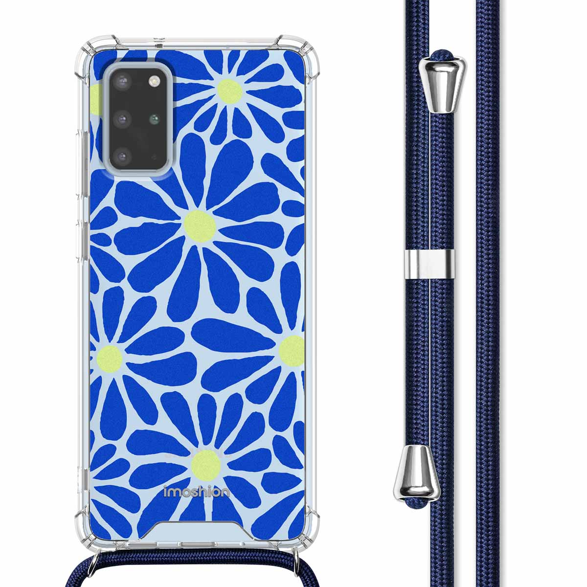 Coque de téléphone avec un motif de marguerites bleues et un cordon bleu.