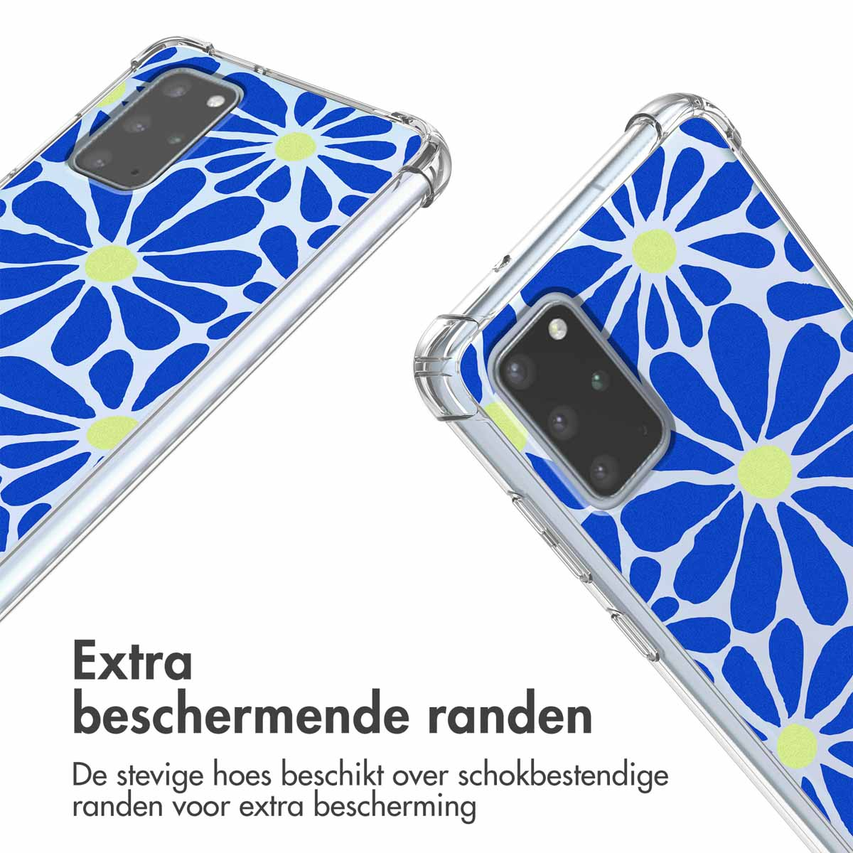 Deux coques de téléphone avec un motif floral bleu. L'une est au-dessus de l'autre. Les deux sont transparentes.