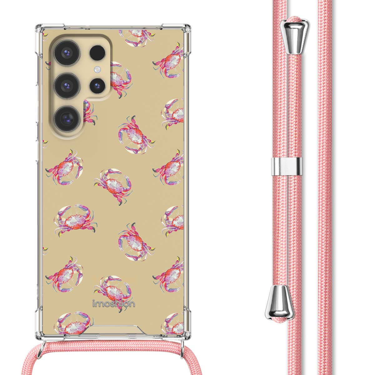 Telefoonhoesje met krabontwerp, telefoon erin, en een roze koord.