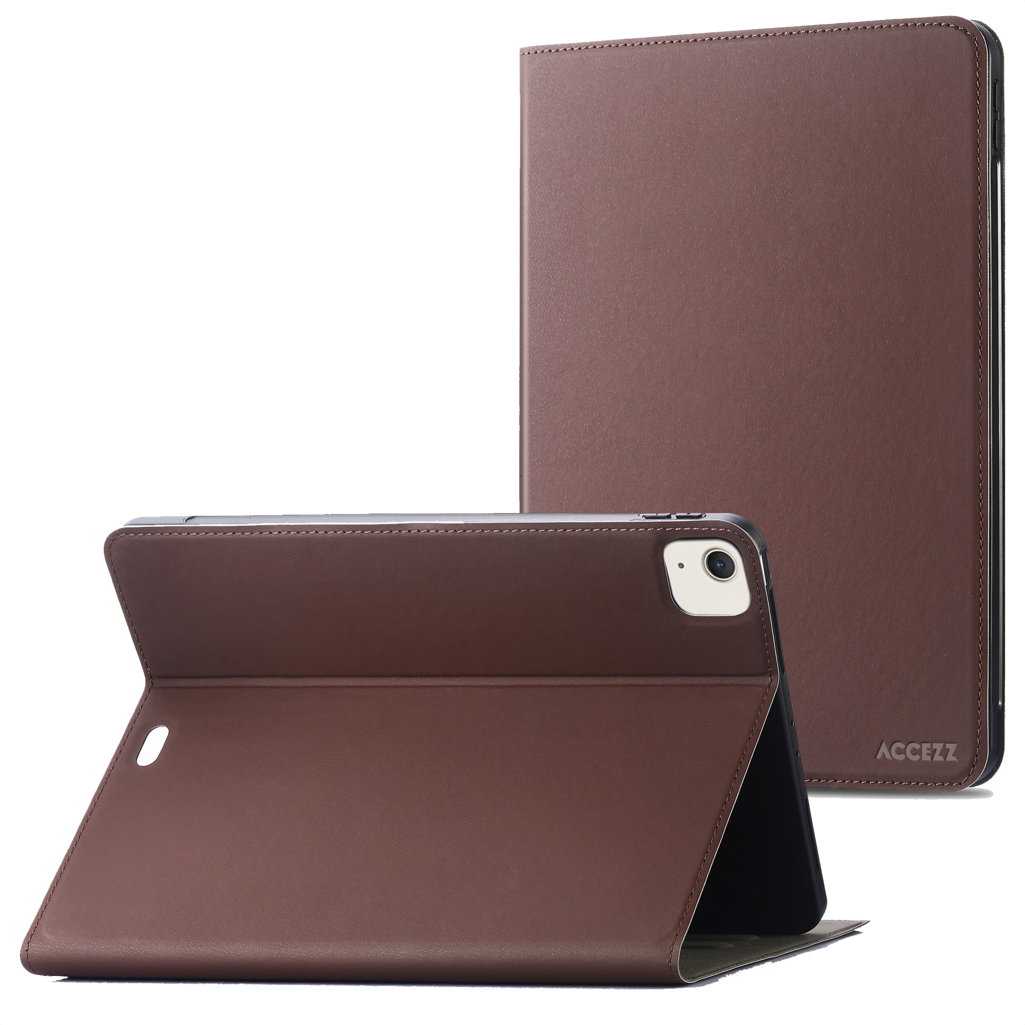 Bruine tablethoes, met een tablet erin, tekst in het Nederlands.