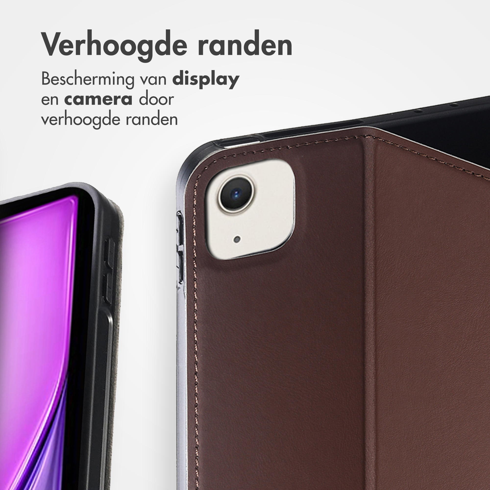 Close-up van een tablet met een bruine leren hoes. Toont camera en display.