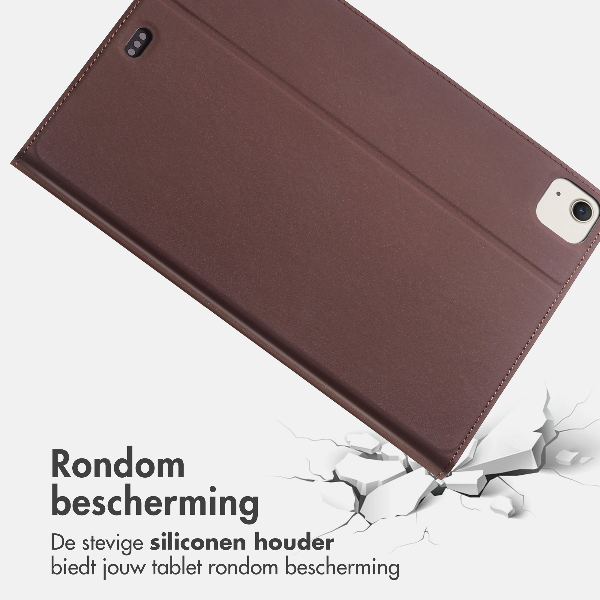 Bruine tabletcase met een opvouwbare cover, en wit gebarsten grond effect.