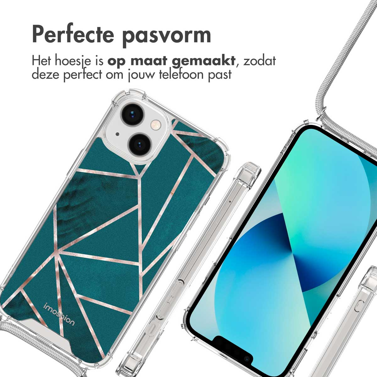 Turquoise telefoonhoesje met gouden geometrisch patroon, schuin op een witte ondergrond. Zwarte telefoon rechts.