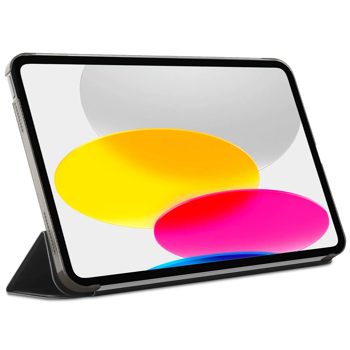 Tablette avec un support, affichant une image colorée. Le fond est blanc et a une forme jaune.