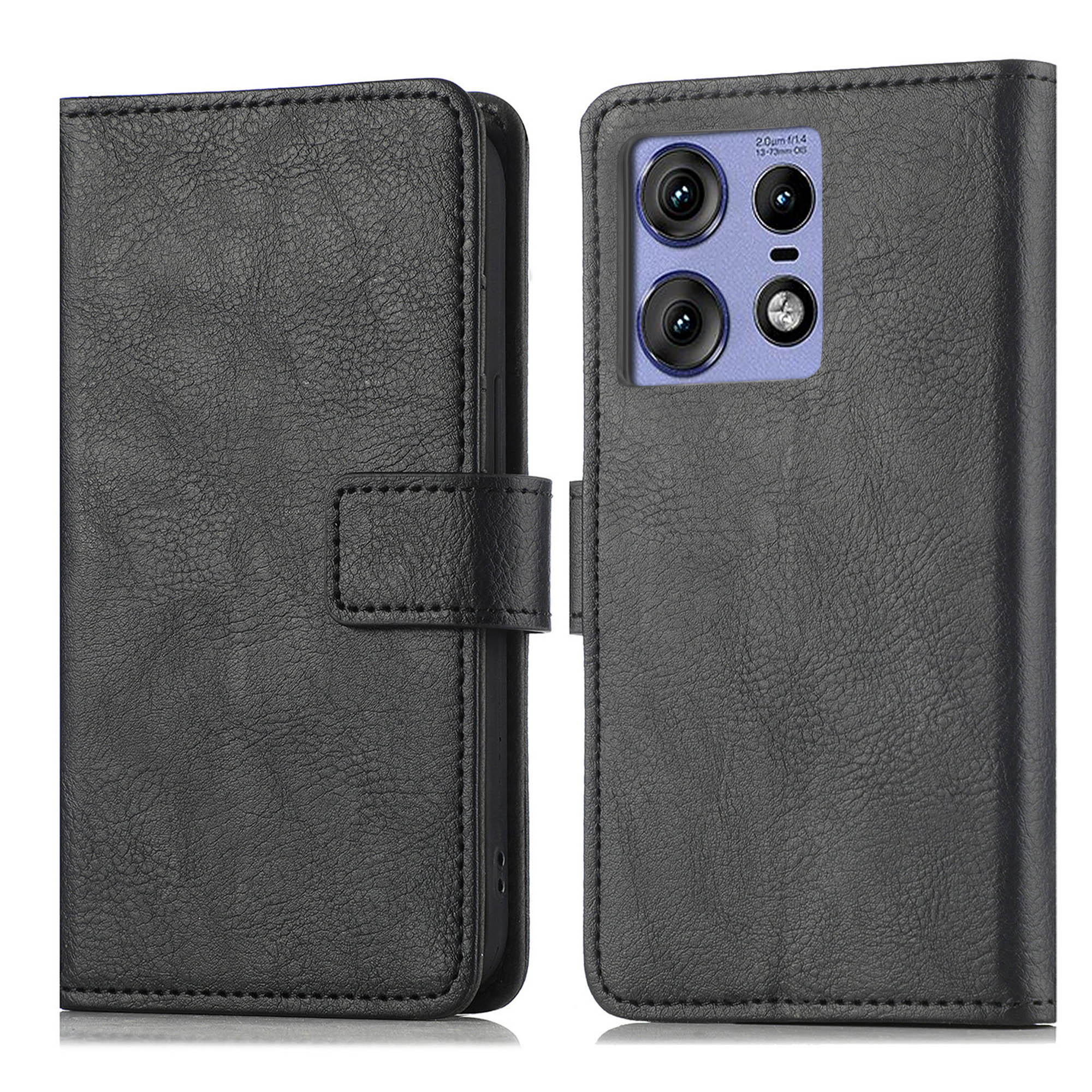 Coque de téléphone en cuir noir, fermée et ouverte, montrant le téléphone.
