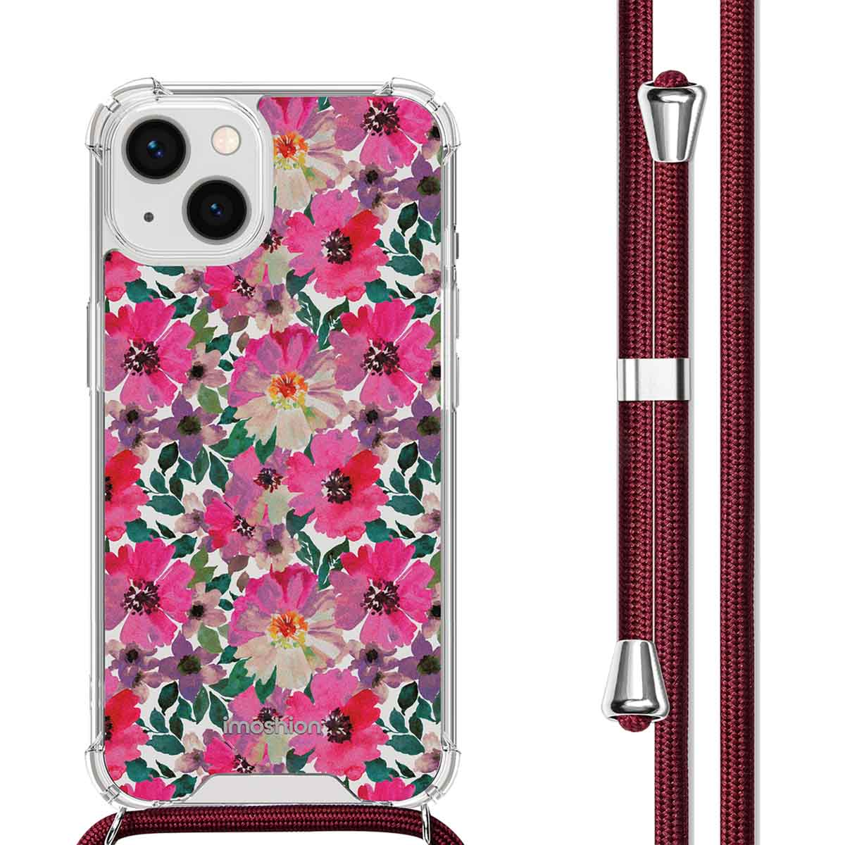 Telefoonhoesje met een bloemenontwerp en een bordeauxrode lanyard. De telefoon wordt ook getoond.