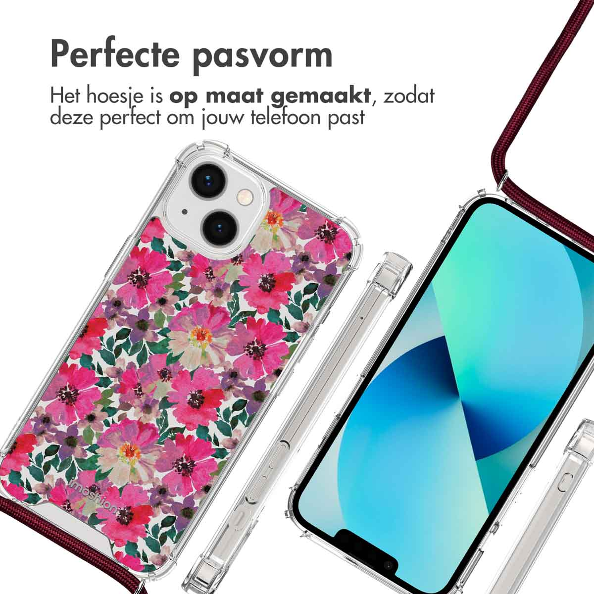 Twee telefoonhoesjes met roze bloemenpatroon, tekst in het Nederlands.