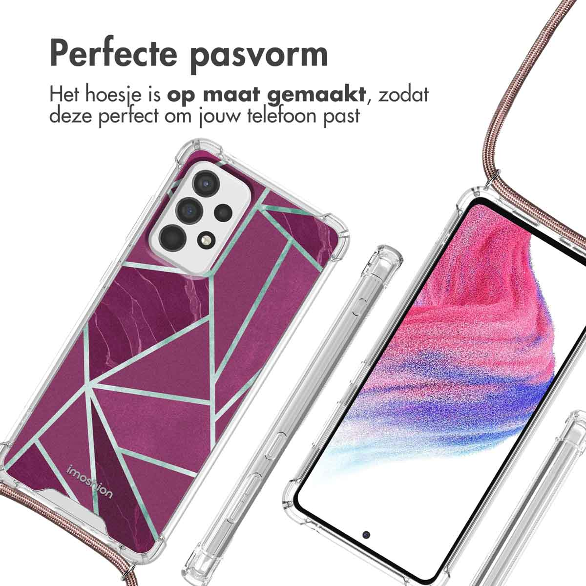 Telefoonhoesje met geometrisch ontwerp, telefoon erin, en een bruin koord.
