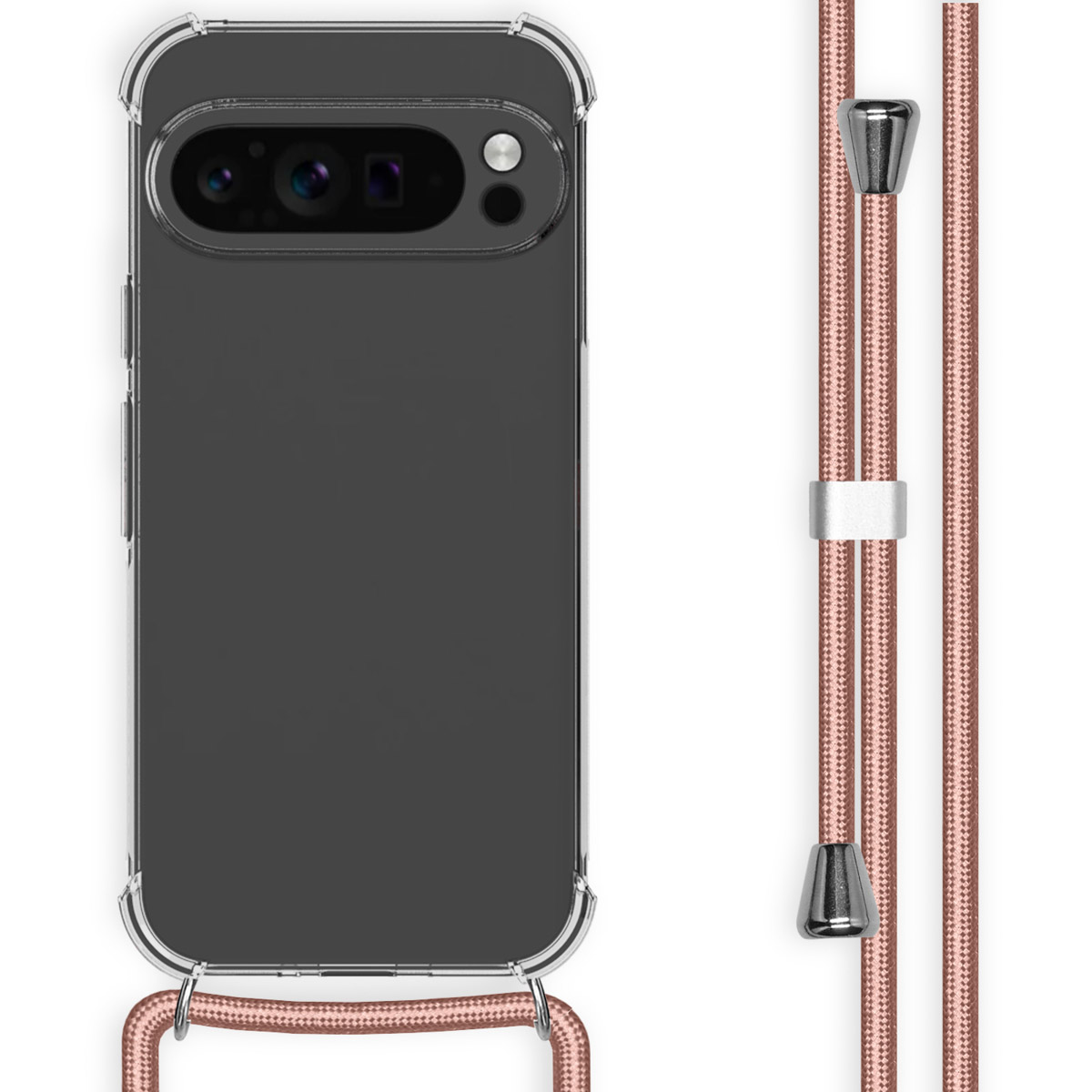 Coque de téléphone transparente avec cordon rose. L'étui est autour d'un téléphone noir.
