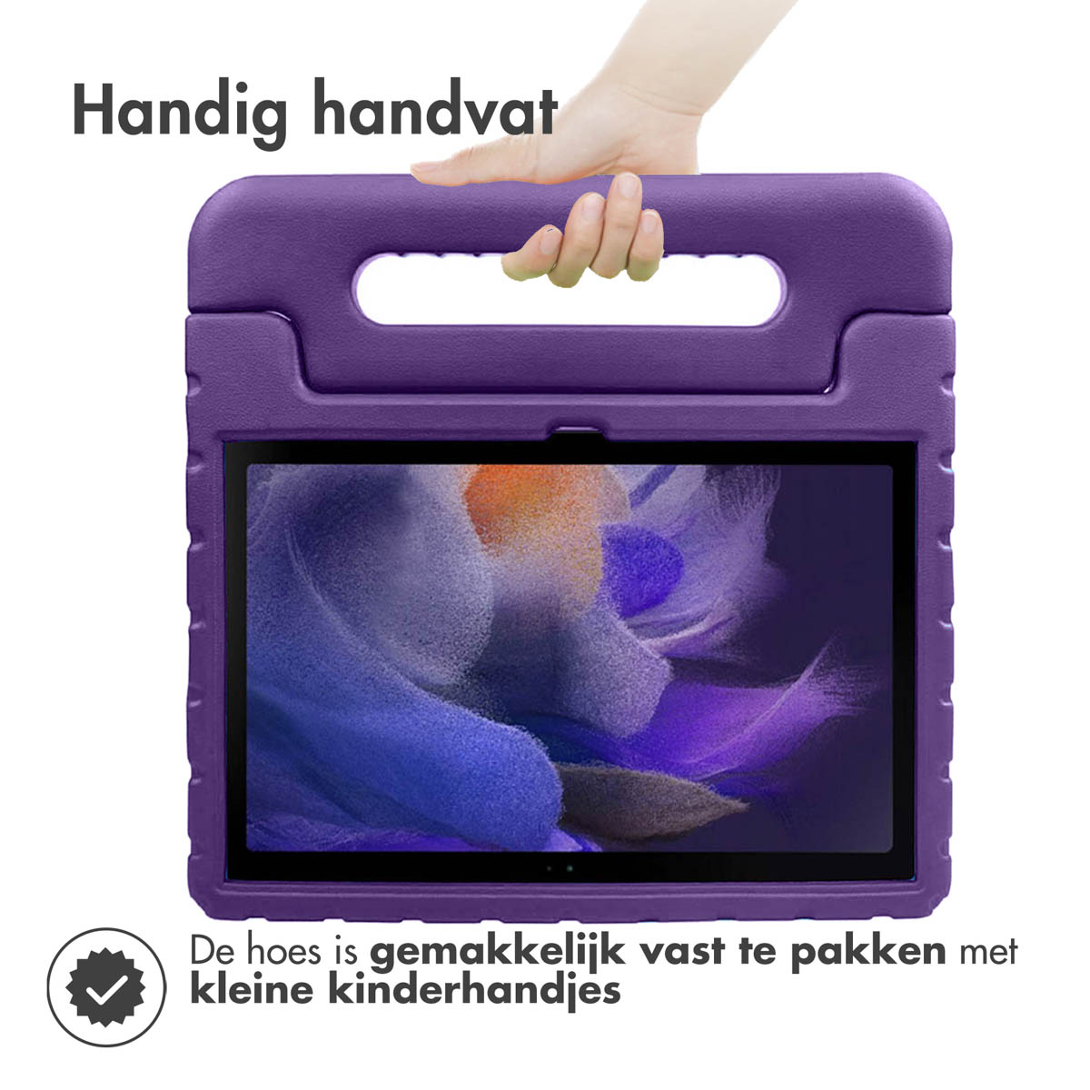 Een hand die een paarse tablethoes met handvat vasthoudt, tablet erin.