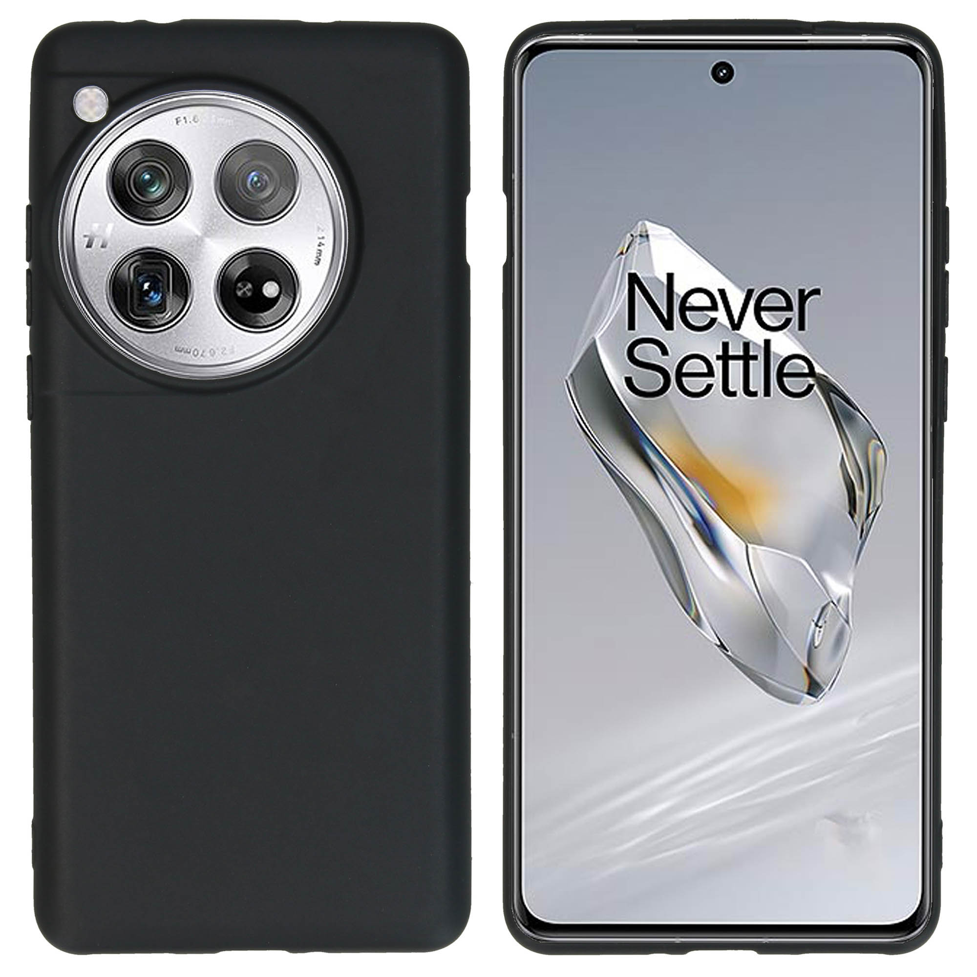 Coque de téléphone noire avec le téléphone. Le téléphone a une section caméra et le texte Never Settle.