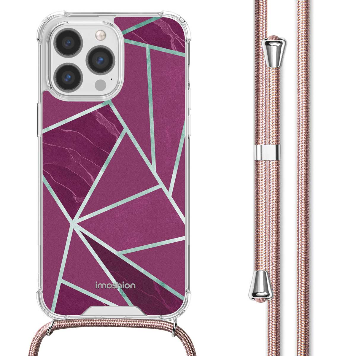 Custodia per telefono in marmo viola con linee argentate, telefono a destra, cordino oro rosa a sinistra.