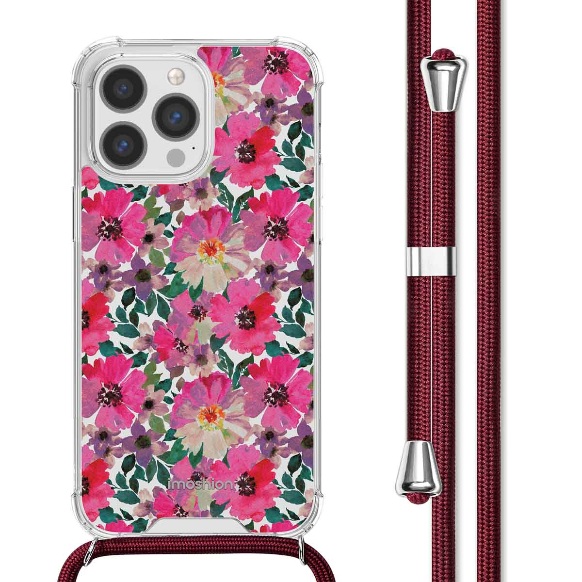 Coque de téléphone avec un motif floral et un cordon bordeaux. Le téléphone est également montré.