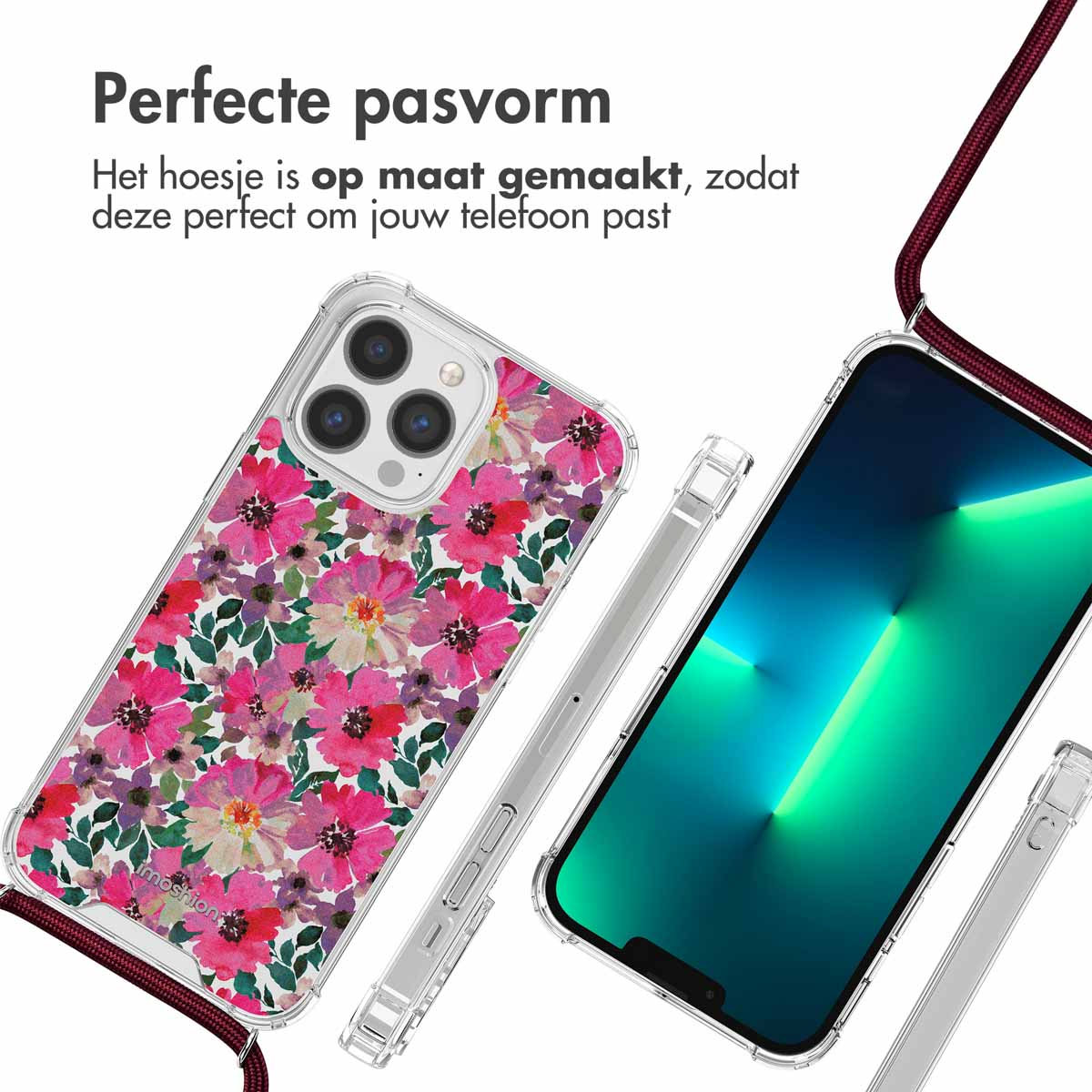 Deux coques de téléphone avec motif floral rose, texte en néerlandais.