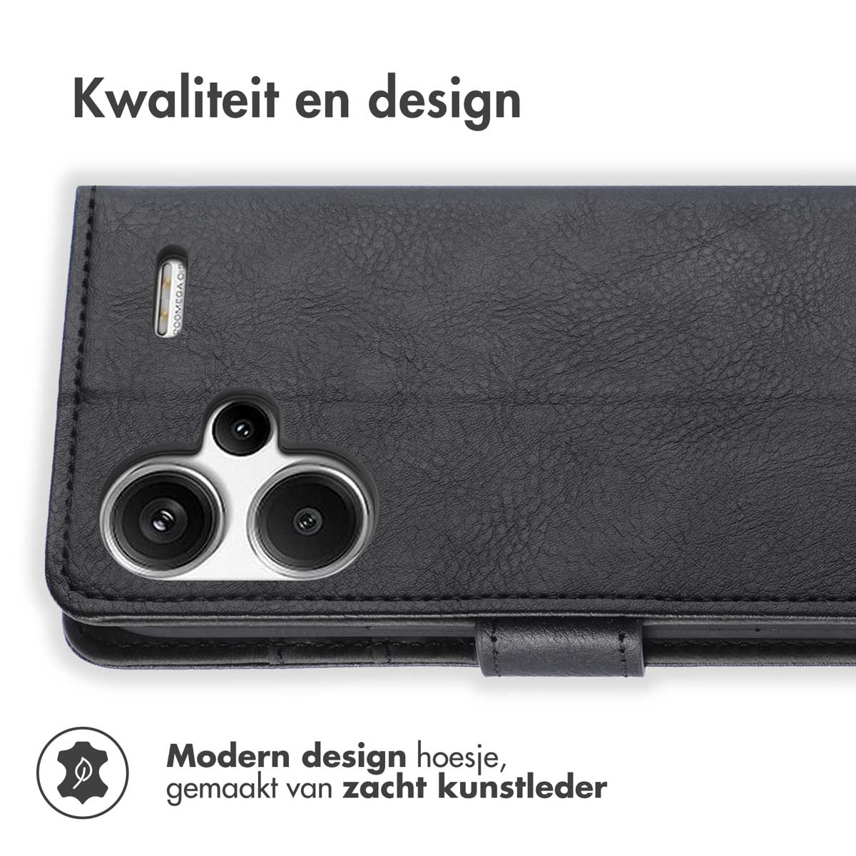 Coque de téléphone en cuir noir avec découpe pour appareil photo et fermeture magnétique.
