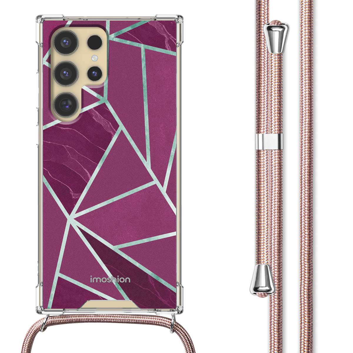 Een telefoonhoesje met een geometrisch ontwerp en een bijpassende riem. Het ontwerp is paars met mintgroene lijnen.