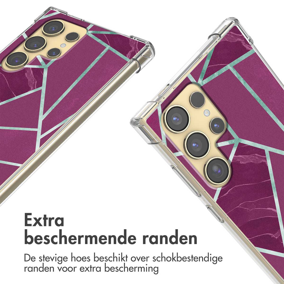 Twee telefoonhoesjes met roze geometrisch patroon, tekst in het Nederlands.