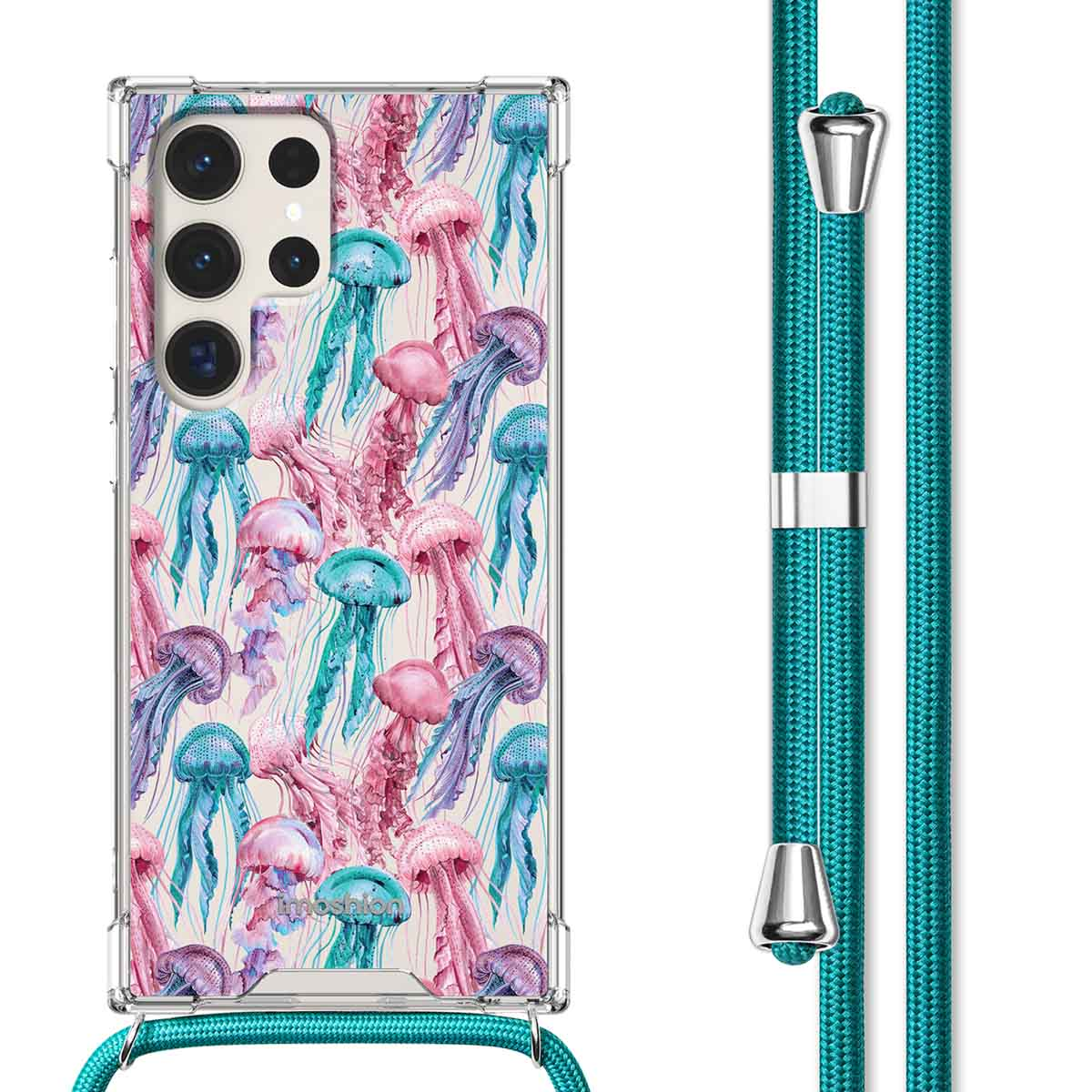 Telefoonhoesje met een patroon van kwallen. Transparant telefoonhoesje met een blauw koord.