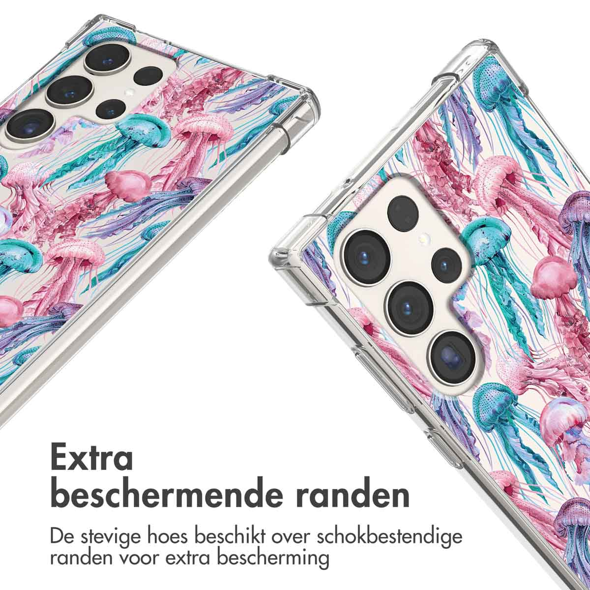 Close-up van telefoonhoesje met kwallenpatroon. Tekst: Extra beschermende randen.
