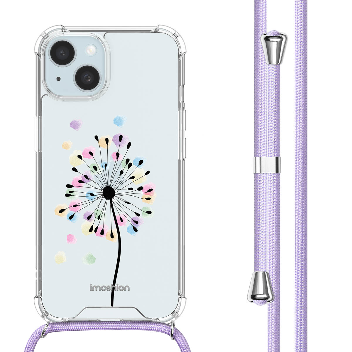 Transparante telefoonhoes met paardenbloemontwerp en paars koord. Witte achtergrond. imoshion-logo.