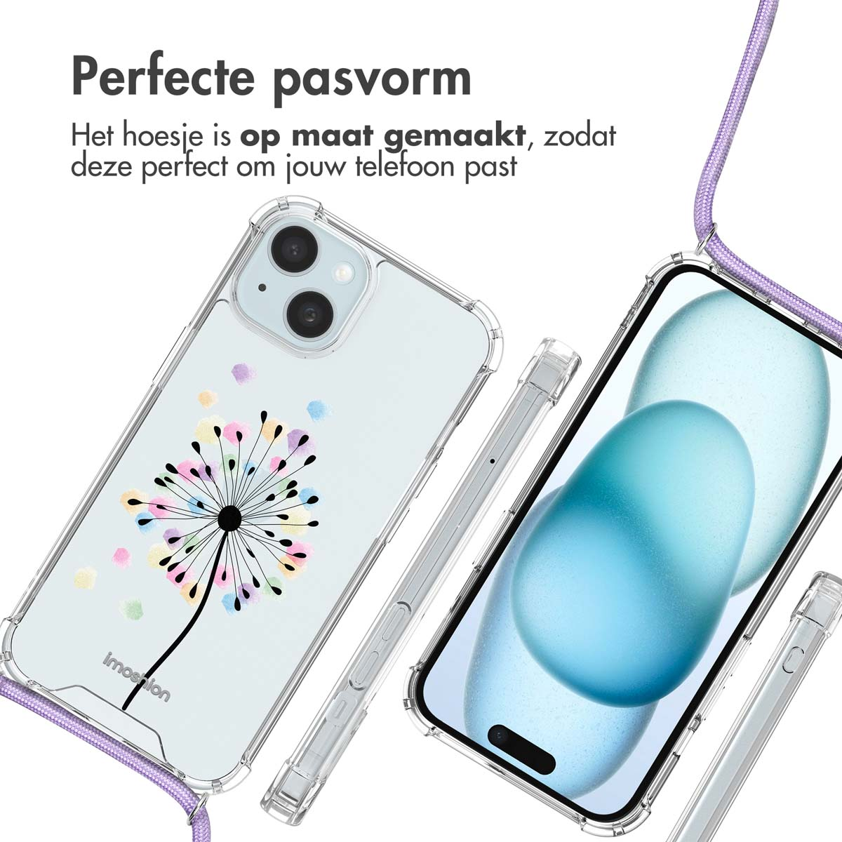 Transparante telefoonhoes met paardebloemdesign. Telefoonhoes is met een paarse band aan de telefoon bevestigd.