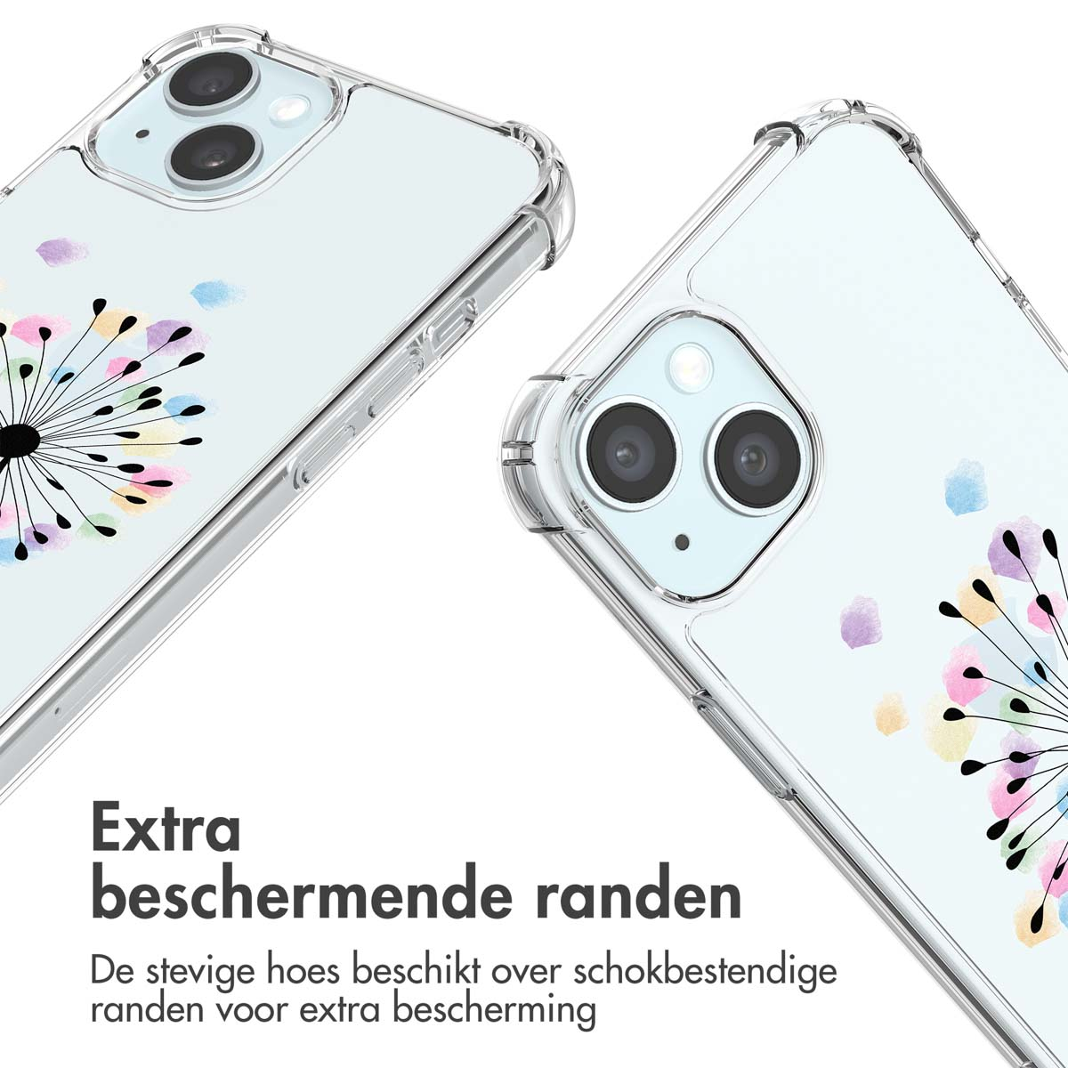 Transparante telefoonhoesjes met paardenbloemprint in pastelkleuren. Eén hoesje is scherp.