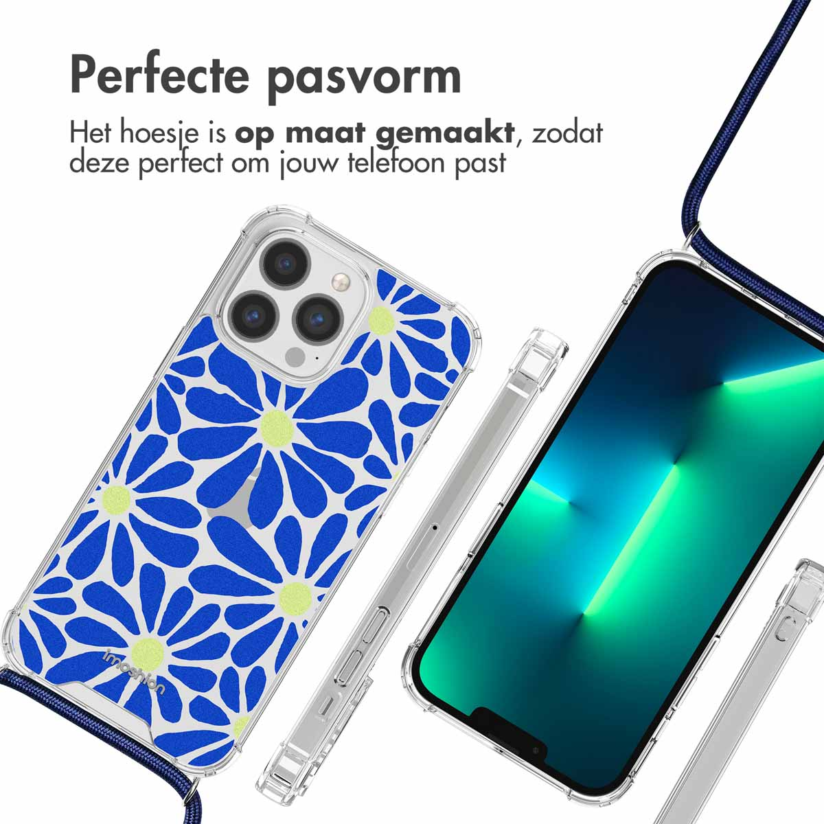 Coque de téléphone avec motif floral bleu, un téléphone avec écran vert et un cordon bleu foncé.