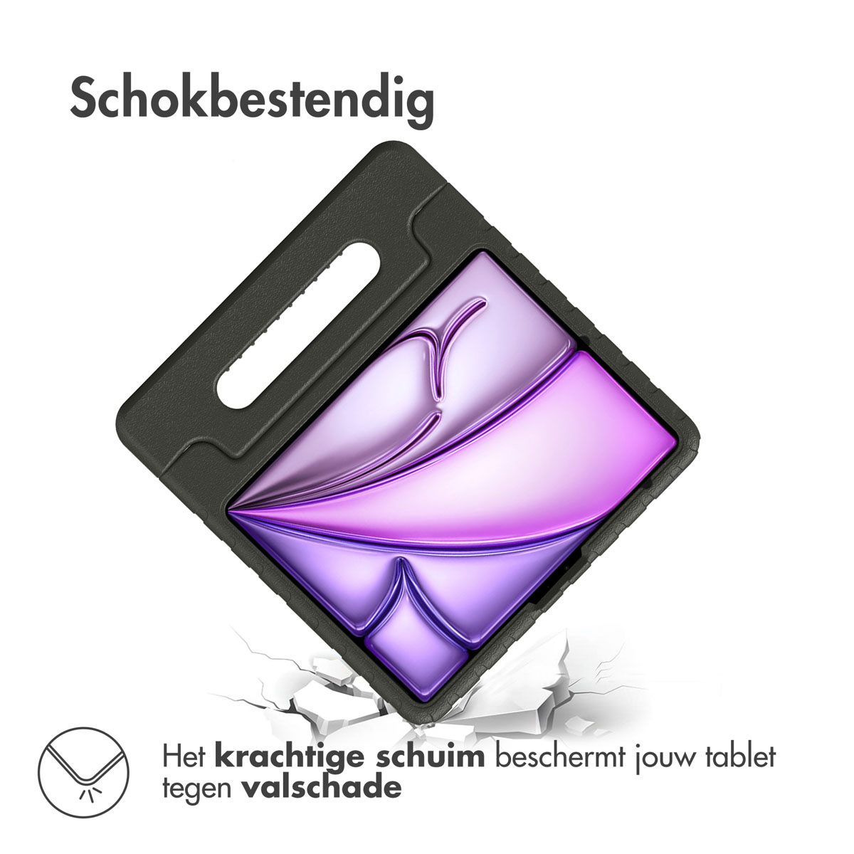 Étui de tablette noir avec une poignée. L'écran affiche un motif violet et bleu. Le texte indique résistant aux chocs.