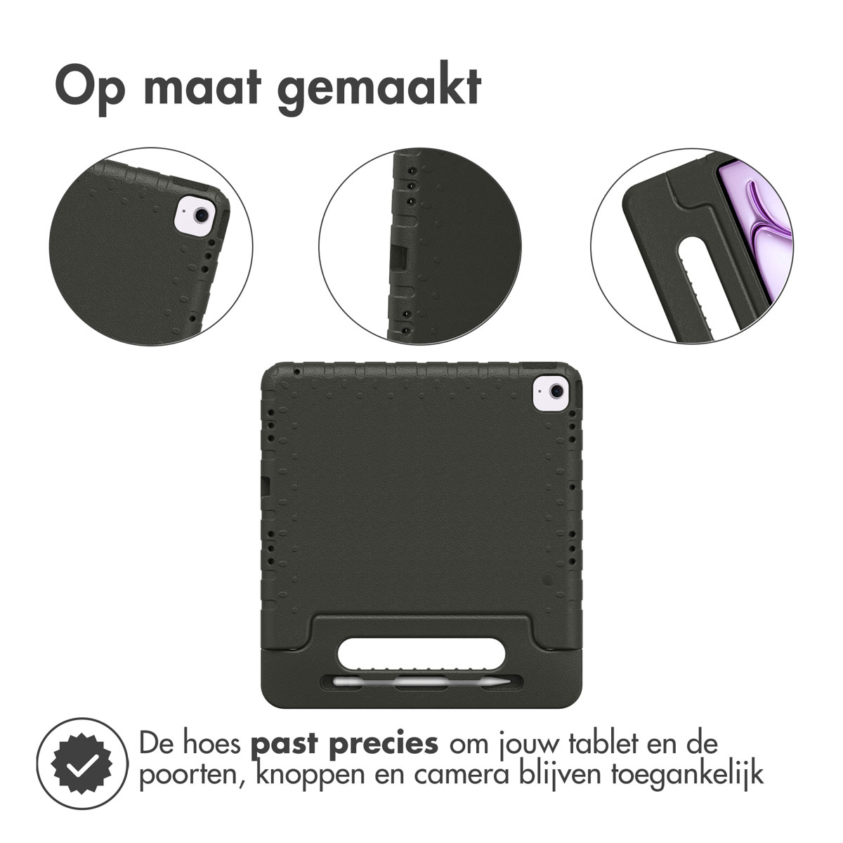Étui de tablette noir avec découpes. Textes : 'Op maat gemaakt' et 'De hoes past precies om jouw tablet'.