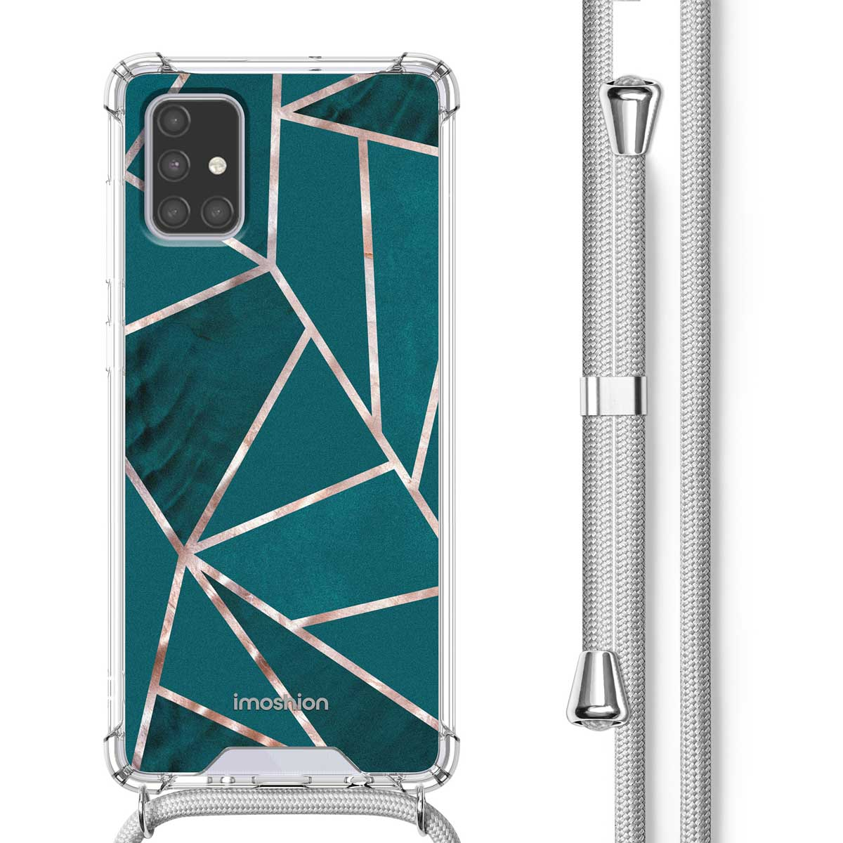 Custodia per telefono verde acqua con motivo geometrico. Un cordino argentato è collegato. Il telefono è nella custodia.