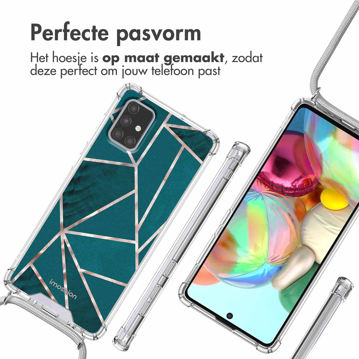 Custodia per telefono con design geometrico turchese e oro con cordino, su sfondo bianco.