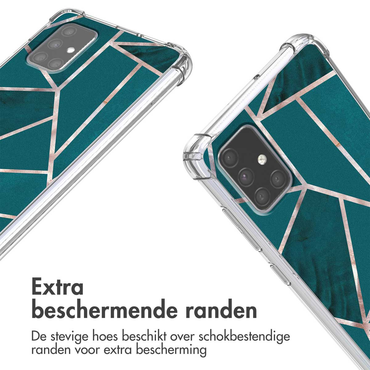 Due custodie trasparenti per telefono con un design geometrico verde acqua e oro, con testo che indica bordi extra protetti.