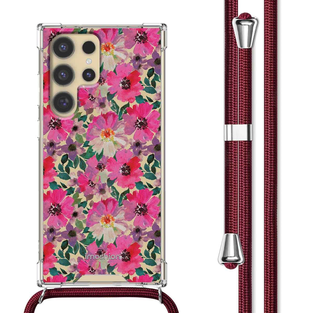 Telefoonhoesje met een bloemdesign en lanyard. Telefoon heeft meerdere cameralenzen.