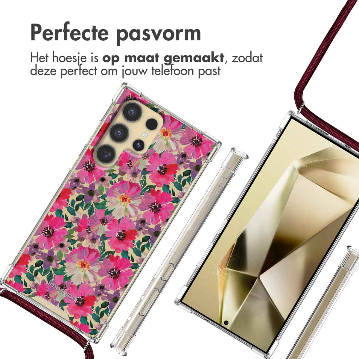 Telefoonhoesje met roze bloemen. Een telefoon en een koord in de afbeelding. Witte achtergrond.