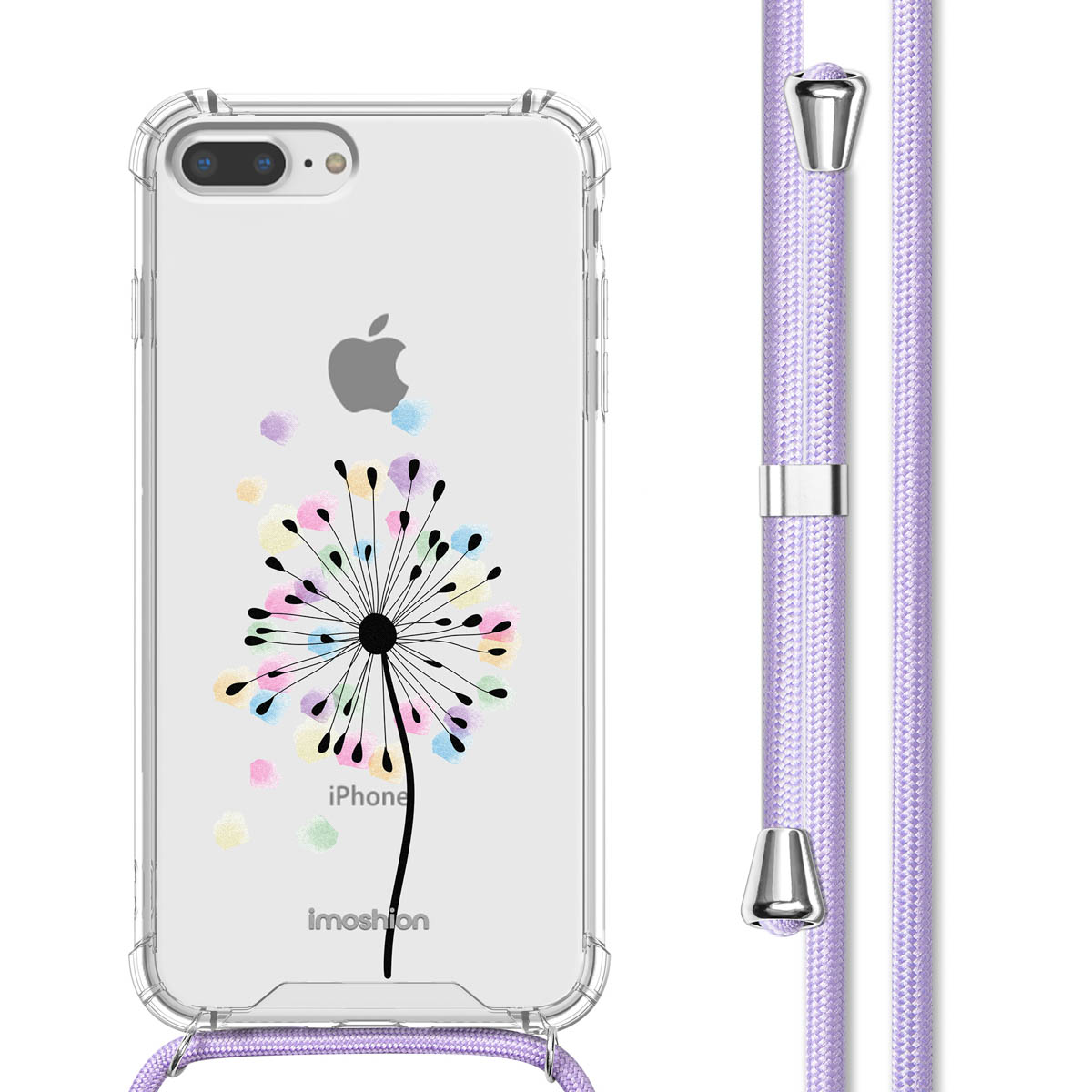 Une coque de téléphone avec un motif de pissenlit et un cordon lavande.
