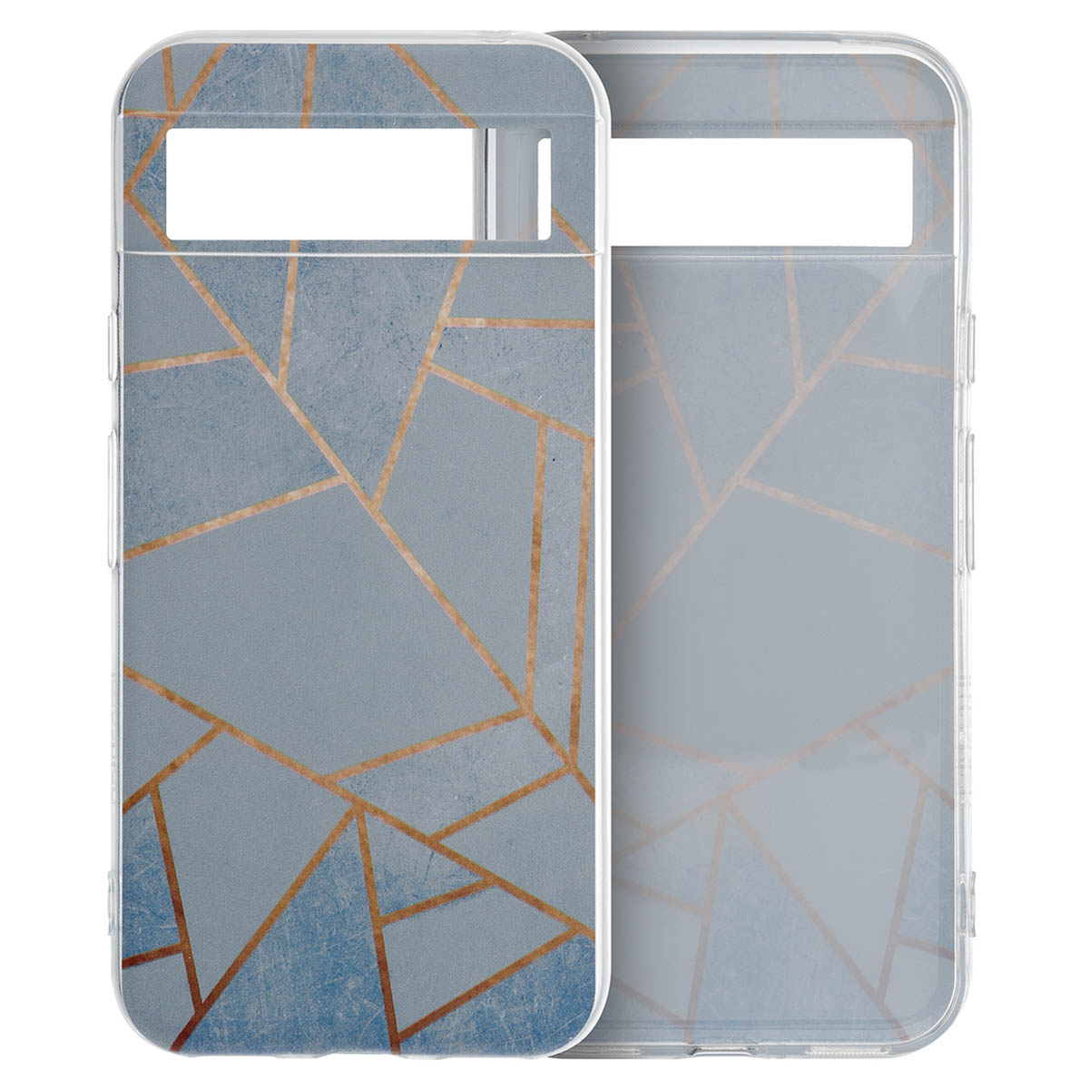 Blau-goldene geometrische Handyhülle. Telefon wird mit Hülle gezeigt. Weißer Hintergrund.