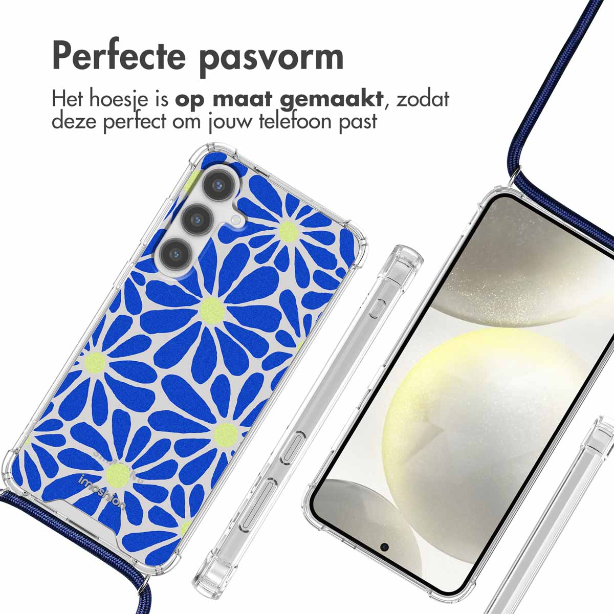 Coque de téléphone transparente avec motif de fleurs bleues et lanière bleue. Téléphone avec coque et lanière.