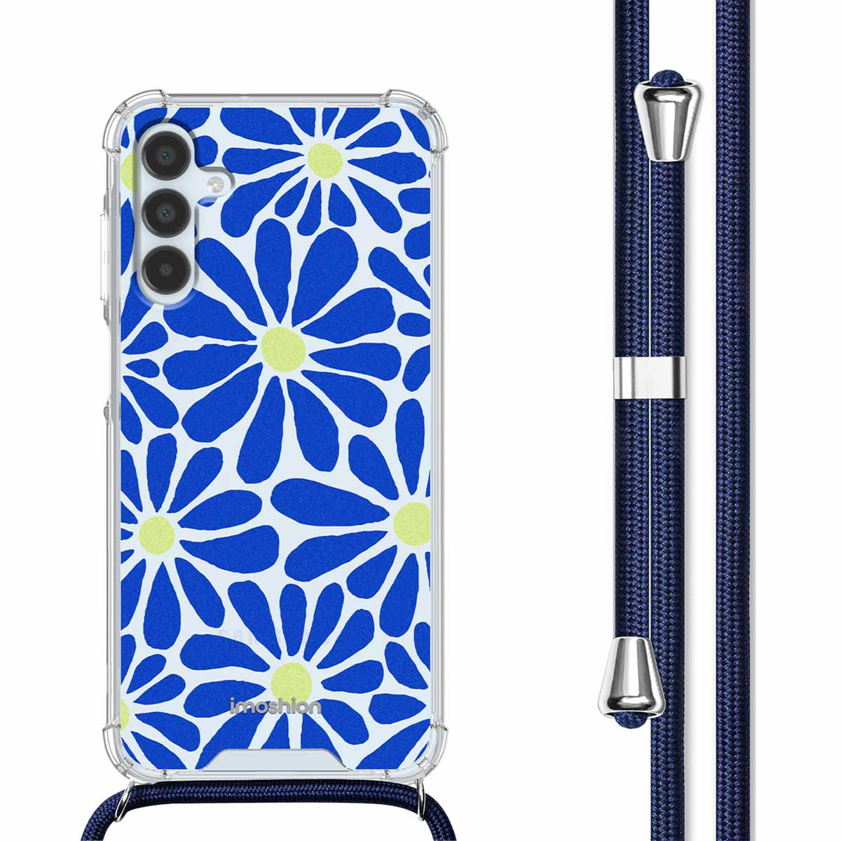 Telefoonhoesje met blauw bloemenpatroon en een donkerblauwe lanyard. Hoesje is scherp.