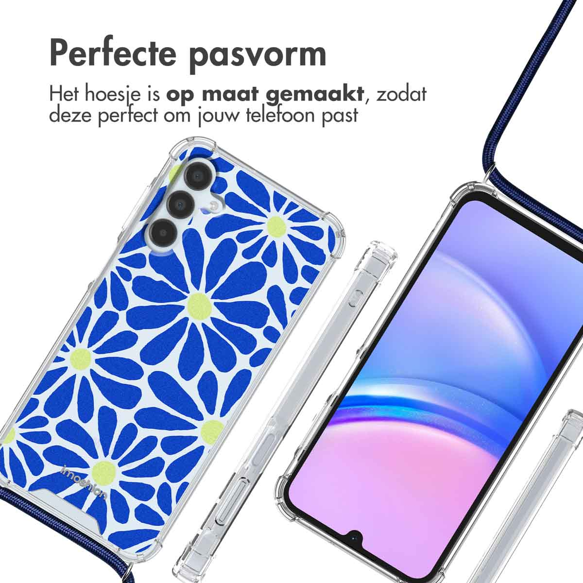 Telefoonhoesje met blauw bloemendesign, heldere randen. Telefoon in de hoes. Witte achtergrond.