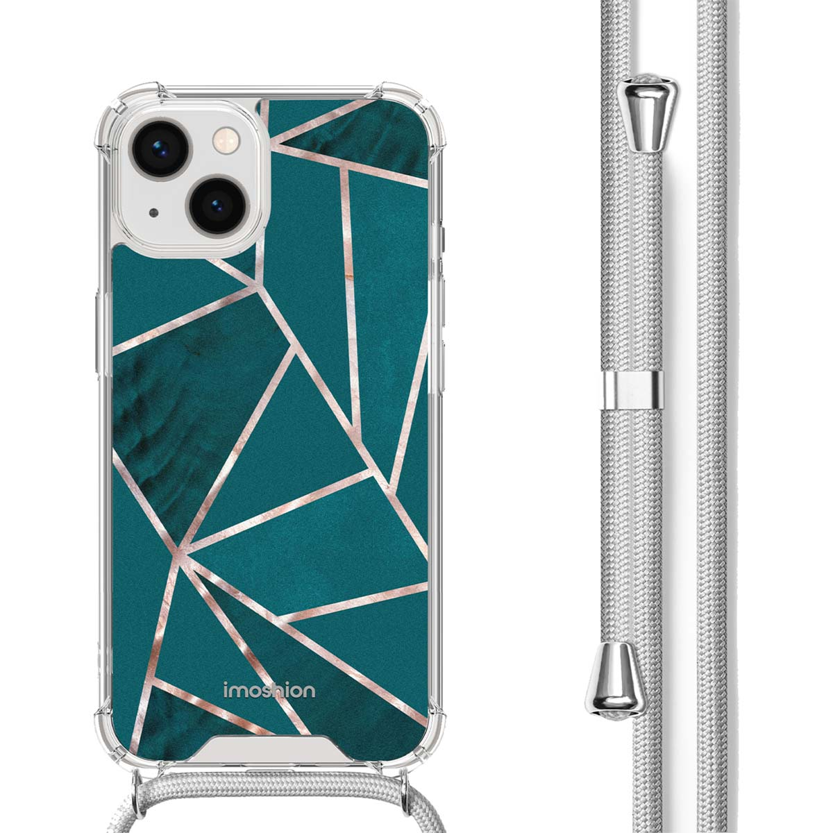 Telefoonhoesje met teal geometrisch ontwerp, heldere randen. Grijze lanyard bevestigd. Witte achtergrond.