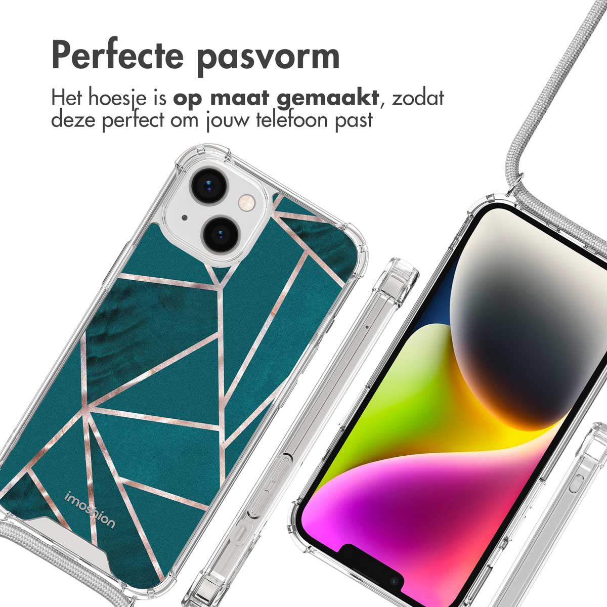 Transparante telefoonhoes met turquoise geometrisch design. Tekst: 'Perfecte pasvorm' (Perfecte pasvorm) en een zilveren koord.