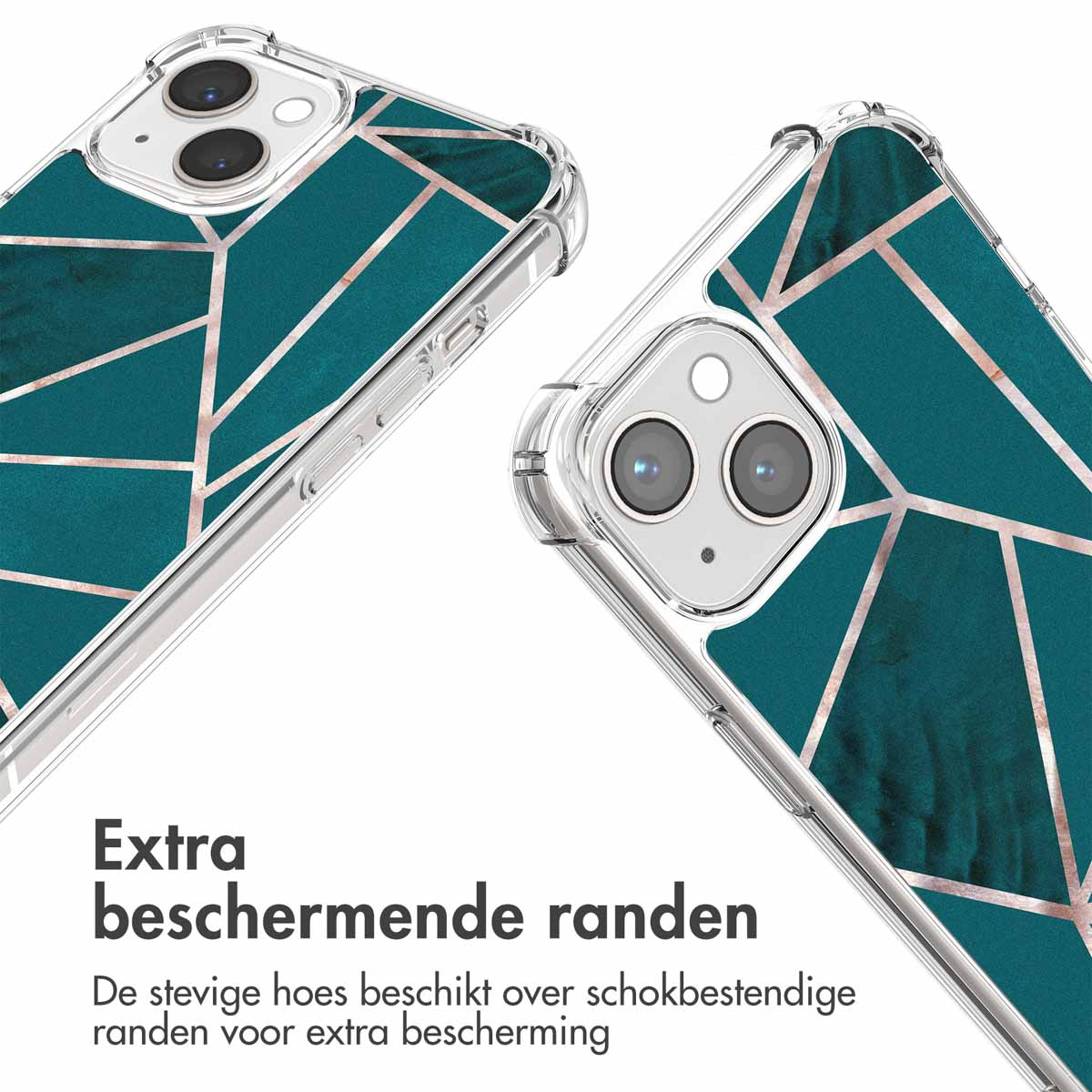 Transparante telefoonhoes met teal geometrisch ontwerp. Telefoon met een transparante hoes.