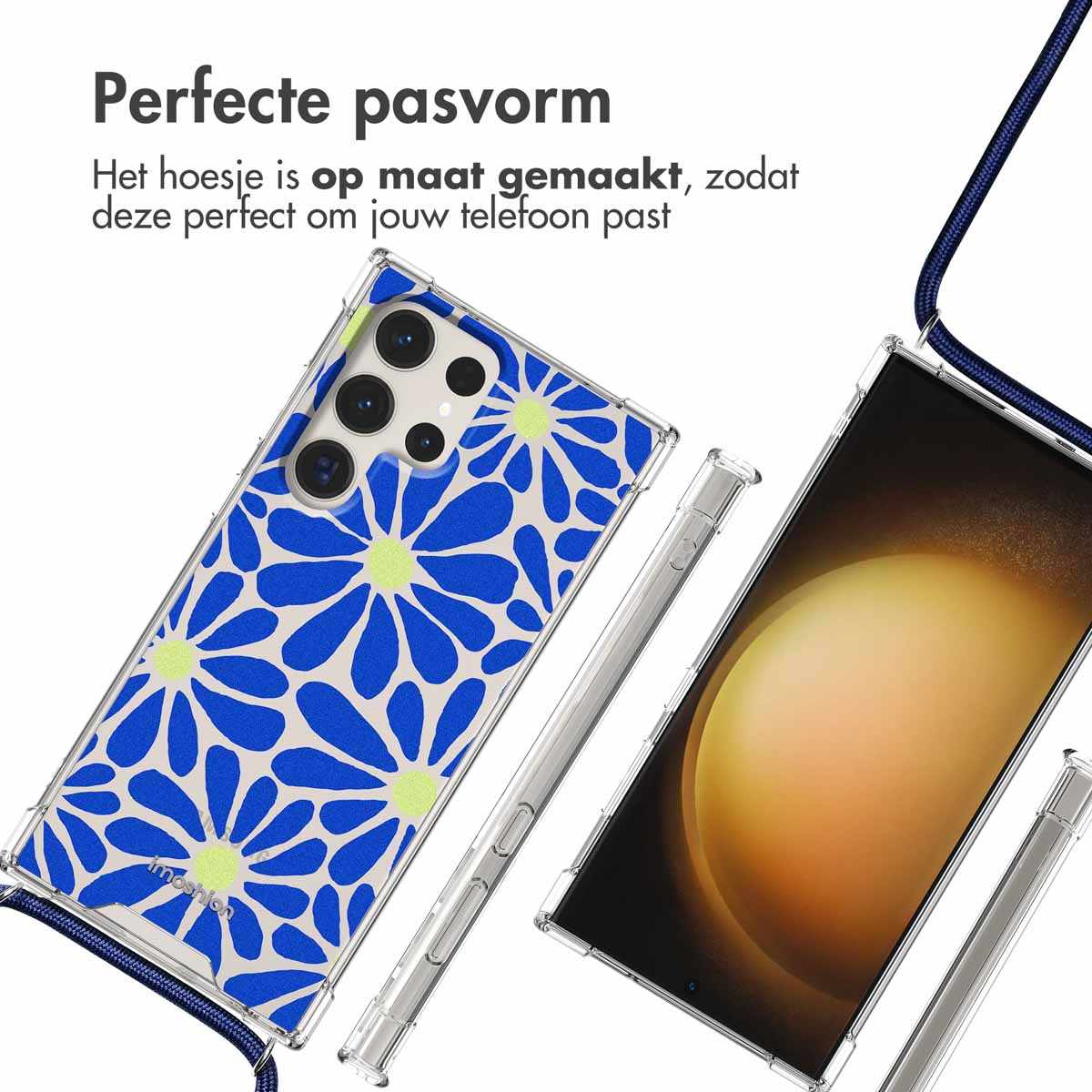 Blauwe bloemen telefoonhoes op een telefoon, tekst zegt 'Perfecte pasvorm'.