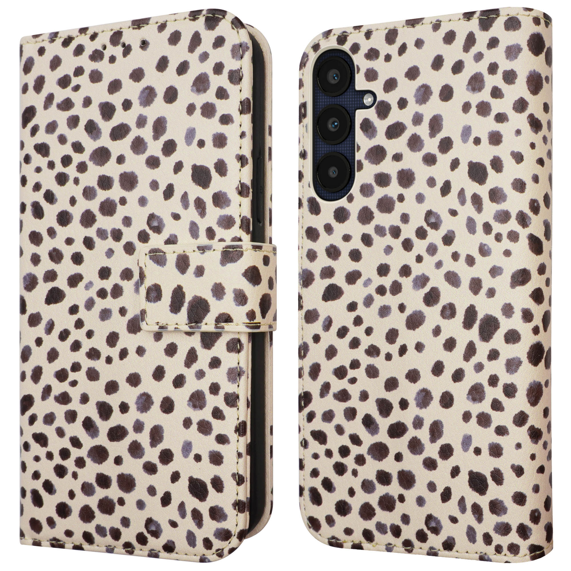 Telefoonhoesje met een luipaardprint, beige en bruine kleuren, gesloten en open weergave.
