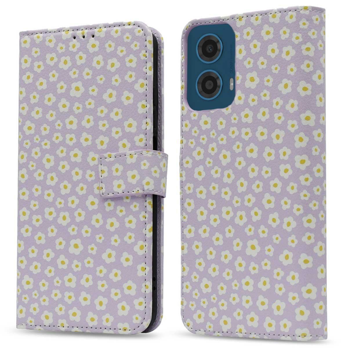 Paarse bloemen telefoonhoes. Het is open en toont een telefoon. Witte achtergrond.