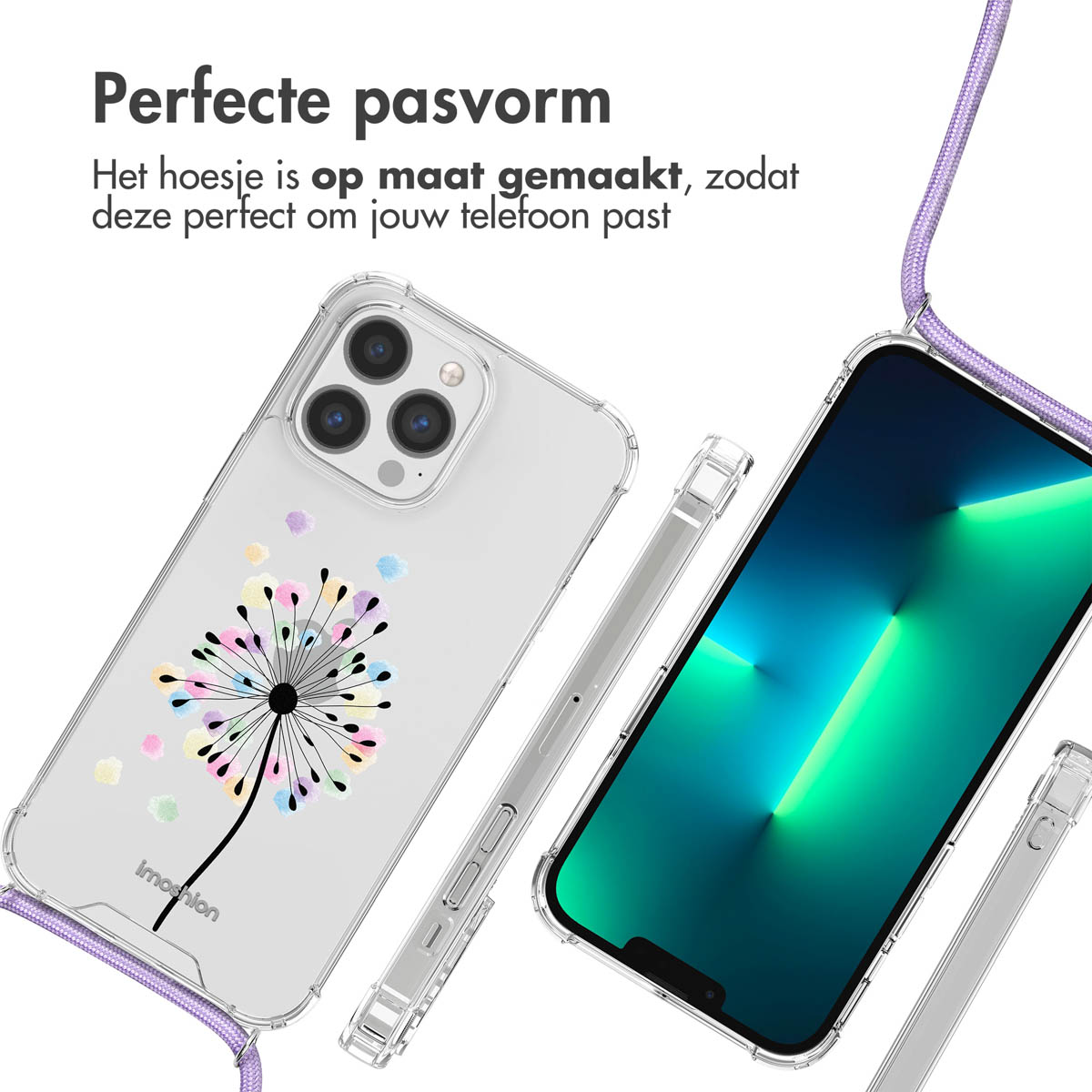 Coque de téléphone avec motif floral, bords transparents. Un téléphone avec écran vert et cordon violet.